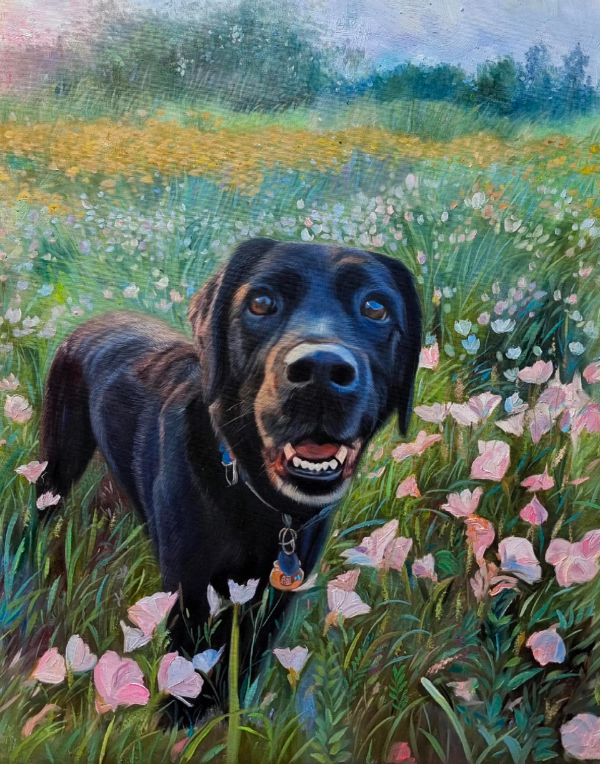 Oil portrait of Henry and Daisy, two dogs, with a scenic landscape background