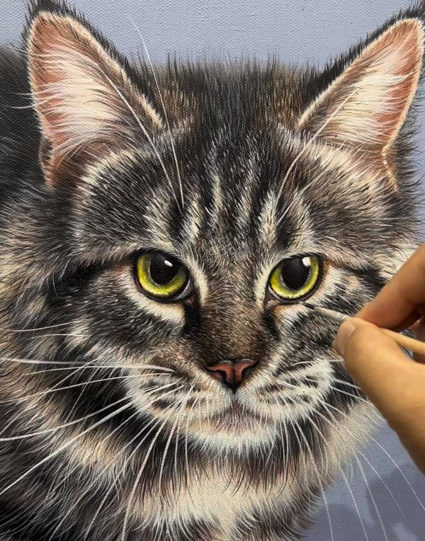 Shelly the cat, a custom oil painting by Gabby, showing her vivid expression.