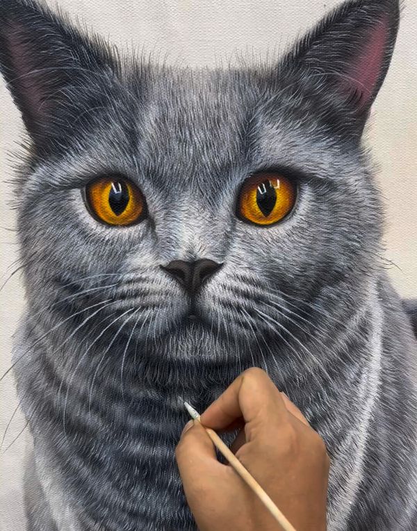 Sammy the cat in a traditional oil portrait by Gabby, looking alert and playful.