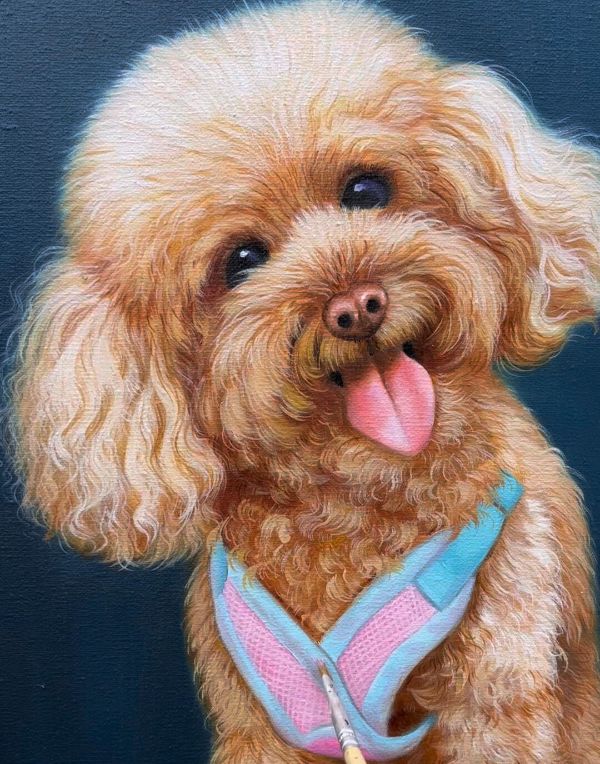 Lothur the Rottweiler oil painting gift being unwrapped at Christmas