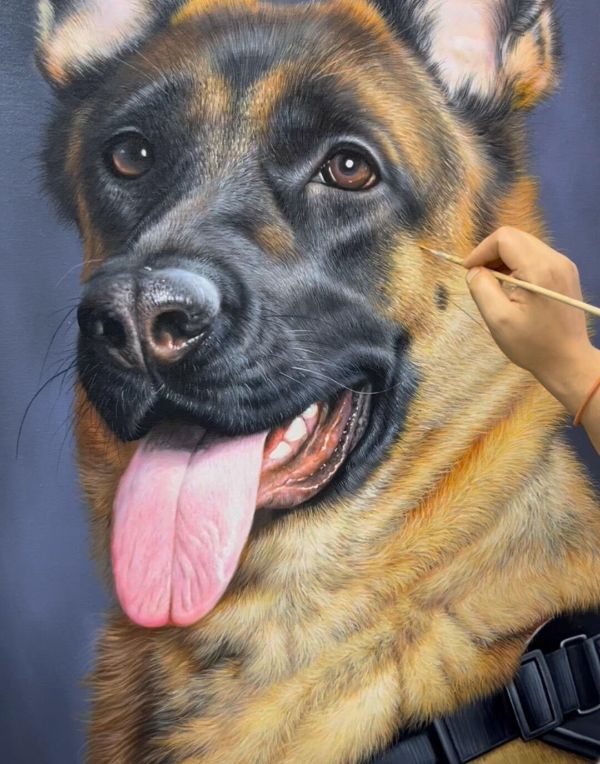 Oil painting of Lucie, a German Shepherd dog, by Gabby