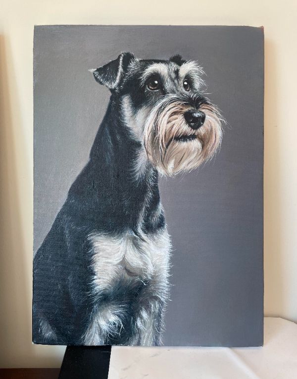 Oil painting of Newman the dog by Gabby