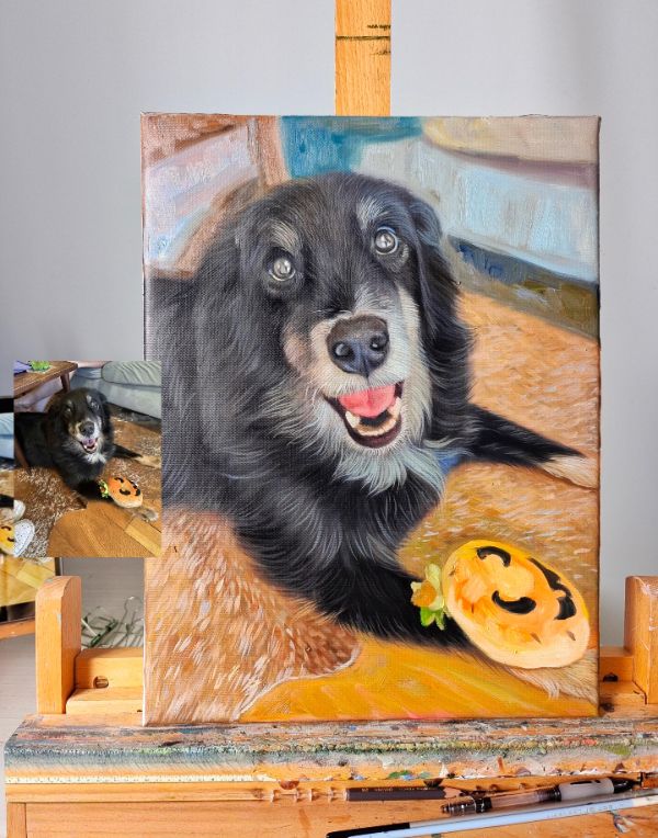 Oil portrait of Mr Bones, a characterful dog, by Gabby.