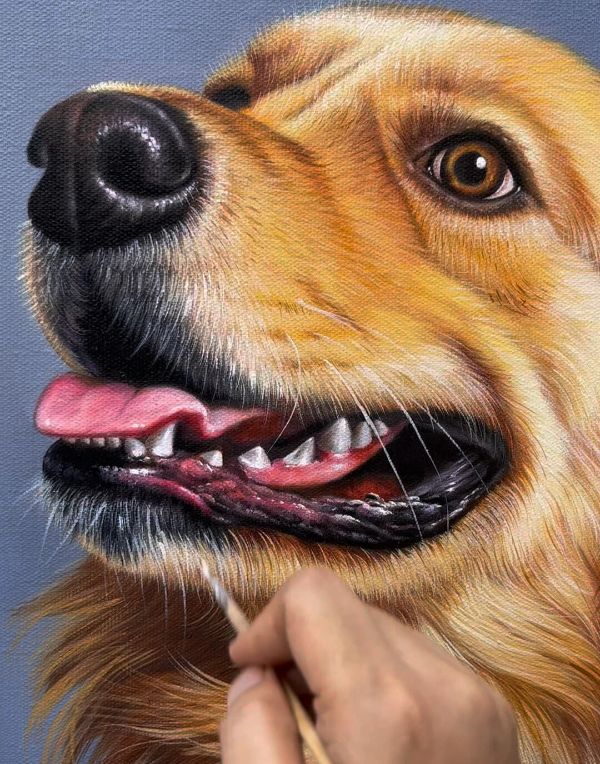 Oil painting of Boo, a Pomeranian dog, by Gabby