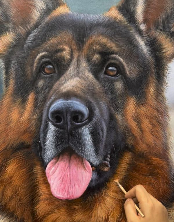 Oil painting of Patton the dog, a detailed pet portrait by Gabby