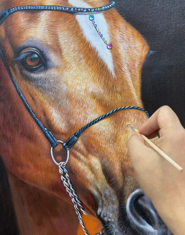 Oil painting of Maska, a horse portrait in oils by Gabby