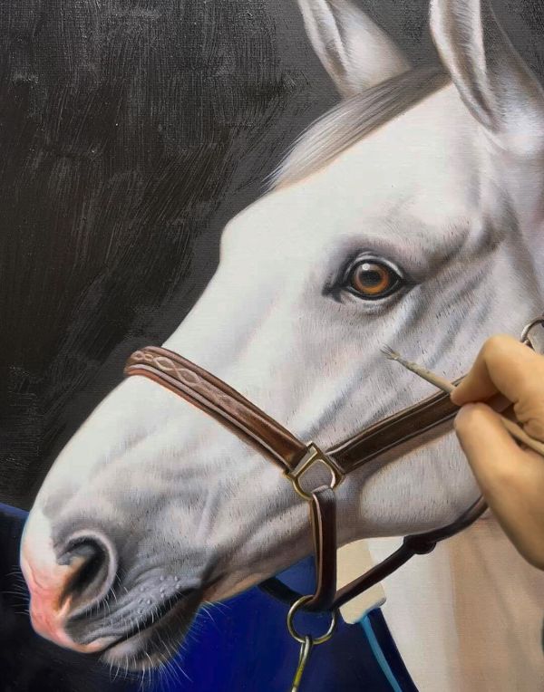Traditional oil portrait of Harry the horse by Gabby